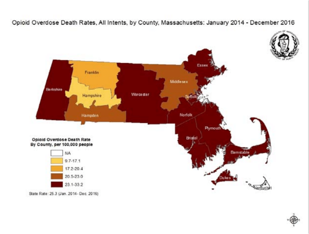 Opioid overdose death rates, all intents, by county, Massachusetts, January 2014 - December 2016
